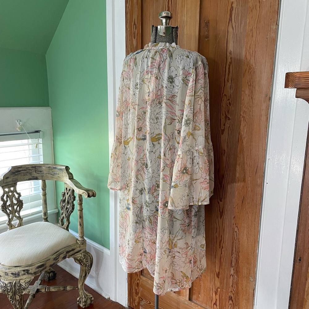 Lucky Brand Sheer Floral Cover Up Tunic Dress XL Ruffle Sleeve Boho Beach 💚🎀 - Picture 7 of 9